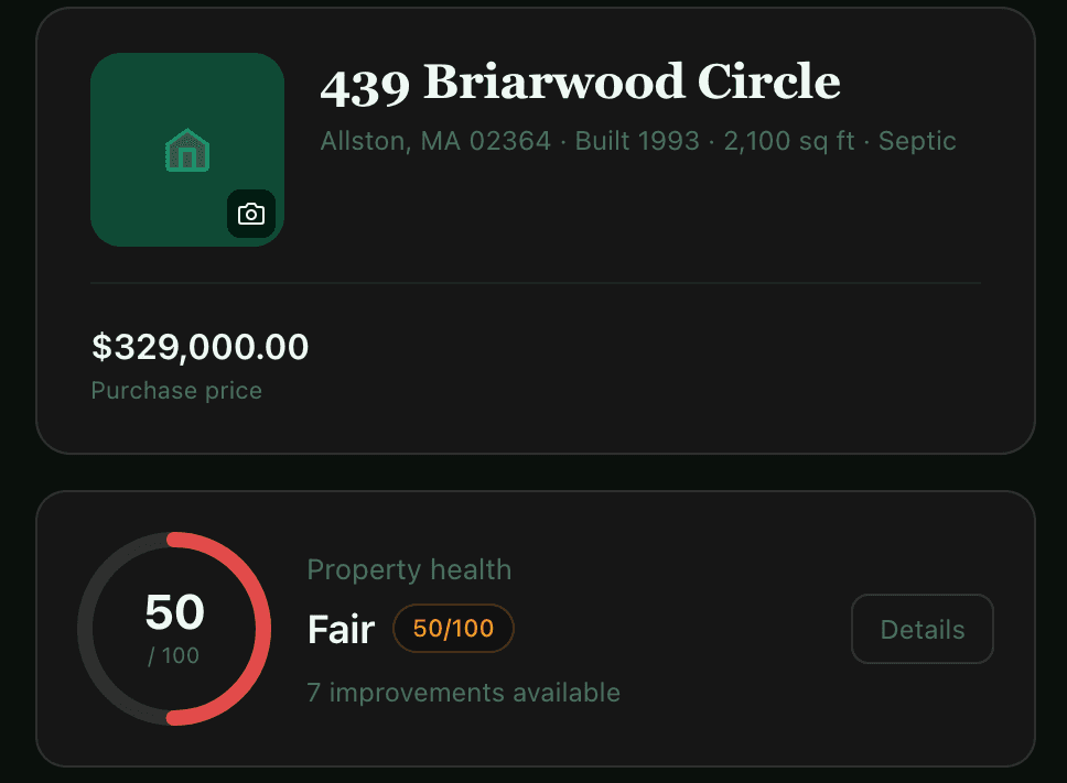 HomeDocket showing a home at 439 Briarwood Circle with a property health score of 50 out of 100 and 7 improvements available